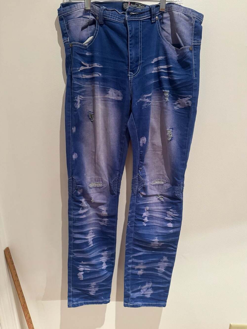 Bleecker Mercer Blue Faux Denim High-Waisted Distressed Skinny Jeans